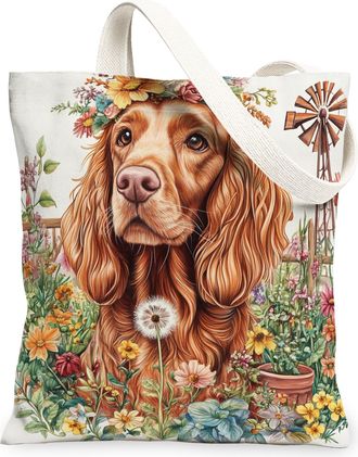 Generic Spring Irish Setter Dog Canvas Tote Bag for Shopping 13x15, Farmhouse Country Puppy Reusable Grocery Print Bag for Women, Farm Pet Beach Aesthetic Pai