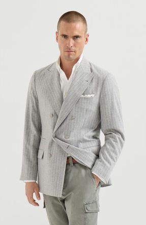 Brunello Cucinelli Virgin wool and cashmere chalk stripe flannel one-and-a-half breasted deconstructed blazer with metal buttons in Light Grey at