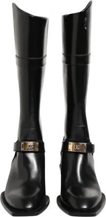 Dolce & Gabbana Black Logo Plaque Over The Calf Boots Mens Shoes (Pre-Owned)