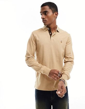 Polo Ralph Lauren Polo a maniche lunghe in cotone pima color cammello m&eacute;lange con logo multicolore-Neutro