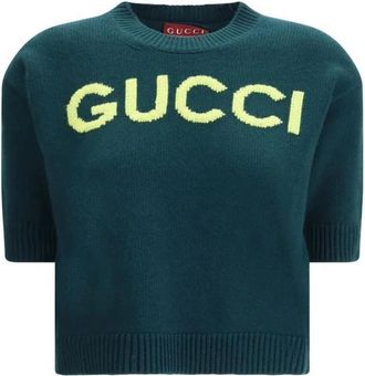 Gucci Zachte wollen top met intarsia - Dames - T-shirts - Groen - S - Wol - Tops