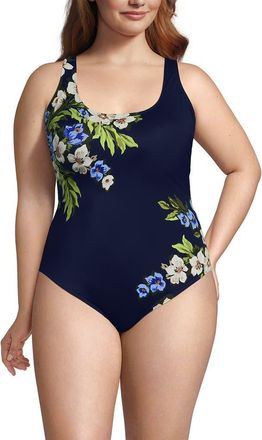 Lands End Plus Size Tugless X-Back One Piece Swimsuit in Deep Sea/blue Floral Tropic at Nordstrom, Size 16W