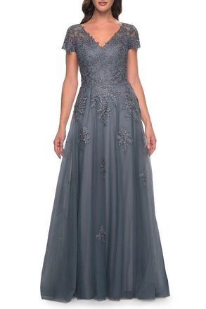 La Femme A-Line Tulle Gown with Lace Applique and Short Sleeves in Slate Blue at Nordstrom, Size 12
