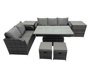Fimous Rattan Garden Furniture Dining Set 7-seater with 2 Small Footstools in Dark Grey