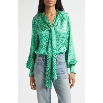 Ramy Brook Aura Tie Neck Shirt in Bright Palm Burnout at Nordstrom, Size Xx-Small