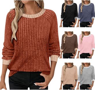 Generic Womens Jumpers Chocolate Brown Fall Clothing Long Sleeve Lightweight Sweatshirt Solid Color Ribbed Knit Sweaters Ladies Jumpers Loose Casual Winter Wa