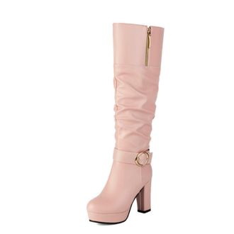 Generic Womens PU Leather Slouch Long Boots with Side Zipper Round Toe Knee High Boots Chunky High Heel Platform Boot with Buckle,Pink,7.5 UK
