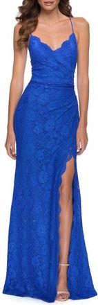 La Femme Lace Long Dress with Scallop Detail on Skirt Slit in Royal Blue at Nordstrom, Size 00