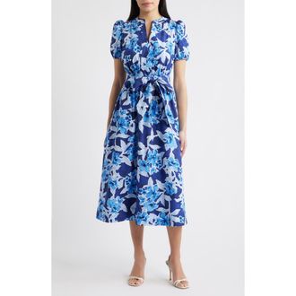 Anne Klein Floral Belted Puff Sleeve Cotton Midi Dress in Santorini Blue at Nordstrom, Size Xx-Small
