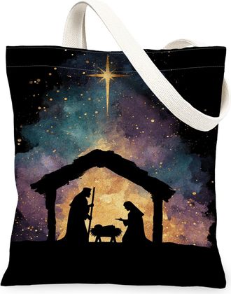 Generic Nativity Scene Canvas Tote Bags, Starry Night Design Reusable Grocery Bags, Christmas Vintage Washable Shoulder Strap Canvas, Black, 13x15 Inch
