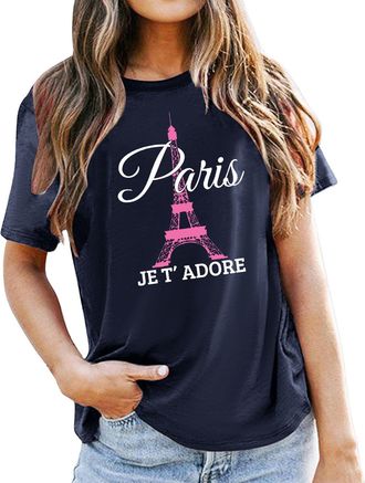 Generic Tshirts Shirts for Women Paris France Shirt Women Eiffel Tower T Shirt Travel in France Tshirts Vacation Tees Paris Tops 2025 New Dark Blue