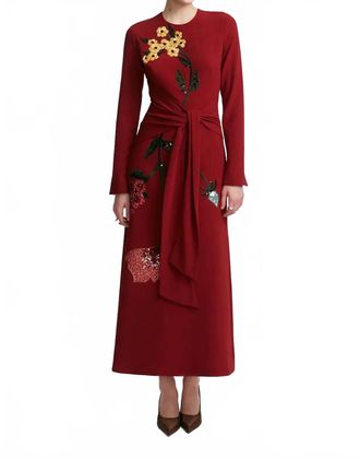 Lela Rose Long Sleeve Tie-Waist Dress In Wine