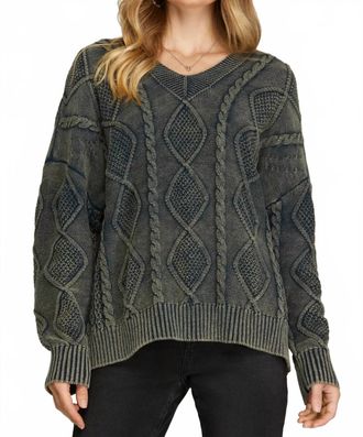 She + Sky Julie Cotton Cable Knit Fisherman Sweater In Olive Acid Wash