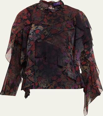Ralph Lauren Collection Ilene Ruffle-Trim Floral Chiffon Blouse