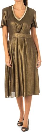 La Martina Bruine Jurk met Korte Mouwen- Ruffles en Edelsteenversieringen - Dames - Casual kleedjes - Bruin - S - Chiffon - Kleedjes