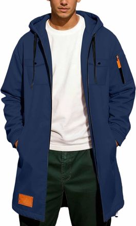 Generic Mens Winter Long Anorak Jacket With Chest Pocket Solid Color Zip Up Outerwear For Casual Cold Weather Wear