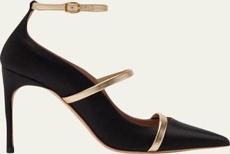 Malone Souliers 90mm Diaz Satin and Metallic Leather Ankle-Strap Pumps