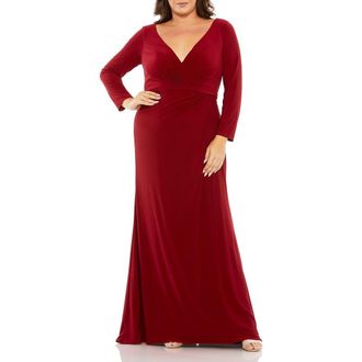 Mac Duggal Long Sleeve V-Neck Faux Wrap Gown in Burgundy at Nordstrom, Size 14W
