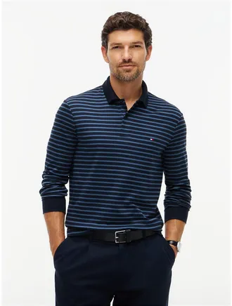 Tommy Hilfiger Mens Regular Fit Long-Sleeve Polo - Navy Blue Stripe - XXL