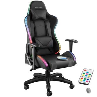 TecTake Silla de gaming, led, funci&oacute;n masaje, coj&iacute;n cuello y lumbar, negro