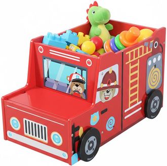 Relaxdays Relaxdays Fire Engine Toy Box, Childrens Room, HWD: 34 x 60 x 32 cm, Storage & Secret Compartment, MDF, Multicolour