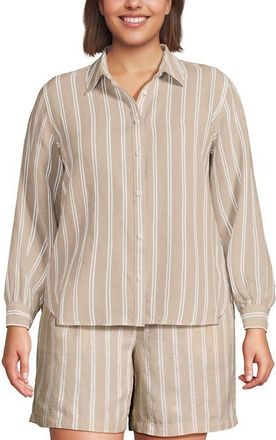 Lands End Plus Size Linen Long Sleeve Feminine Shirt in Champagne/white Double Stripe at Nordstrom, Size 1X