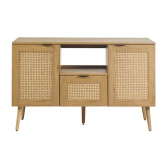 Miliboo Mueble De Ba&ntilde;o Acabado Madera Clara, Rejilla De Rat&aacute;n Y Metal Negro L120 Cm Manille
