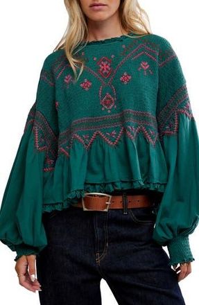 Free People Holly Smocked Embroidered Top in Green Combo at Nordstrom Rack, Size X-Large