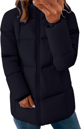 Generic Womens Long Down Coats Padded Puffer Jacket Thickened Hooded Comfort Overcoat Zip Up Hoodie Longline Parka with Pockets for Warm Outwear Outdoor Hikin