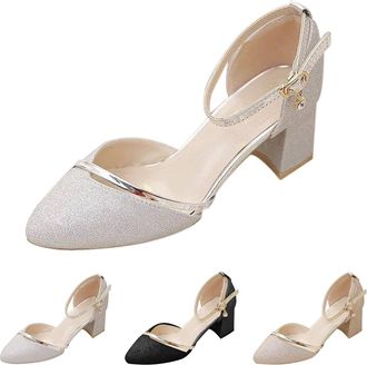 Generic UK 4 Womens Summer Sparkly Sandals Mid Low Block Heel Hollow Breathable Shoes Ladies Lightweight Closed Toe Pointed Head Square Root Thick Shoes Adjus