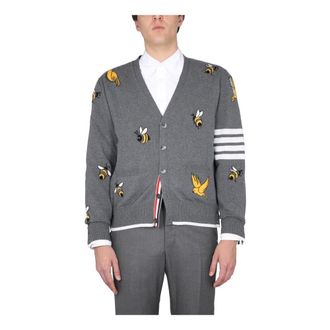 Thom Browne Cardigans, male, Gray, Size: 2XL Birds and Bees Half Drop Intarsia V Neck Cardigan
