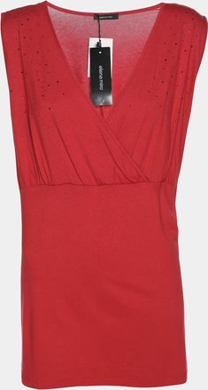Elena Miro Red Jersey Crystal Embellished V Neck Top