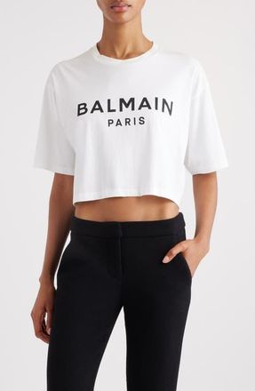 Balmain Logo Crop Cotton Graphic T-Shirt in Gab White/black at Nordstrom, Size X-Small