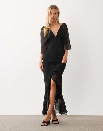 Asos vestito maxi nero con spalle scoperte, taglio sbieco e fondo asimmetrico