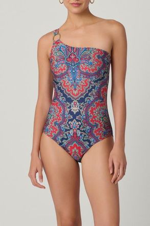 Shoshanna Bateau Medallion Print Ring One Shoulder One-Piece in Navy/multi at Nordstrom, Size 12
