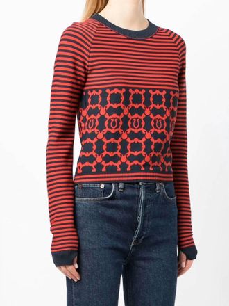 Ferragamo Striped Gancini Long Sleeve Top In Red