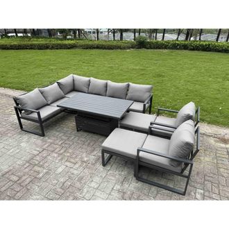 Fimous 10 Seater Aluminum Conversational Set with Lifting Table & 2 Stools in Dark Grey
