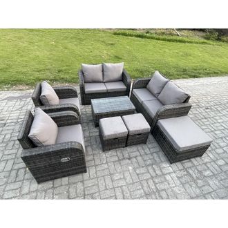 Fimous 9 Seater Rattan Garden Furniture Set Patio Outdoor Lounge Sofa Set with Rectangular Coffee Table 3 Footstools Love Sofa 2 Side Tables Dark Grey Mixed