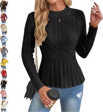 Generic Womens Chunky Knit Crew Neck Long Sleeve Knit Top, 2025 Fall Winter Cropped Pullover Peplum Sweaters for Women (Black,m)