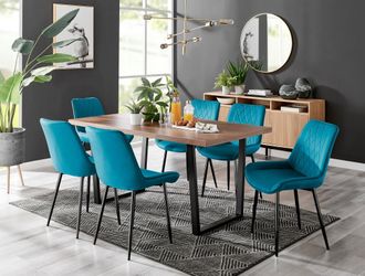 Furniturebox Kylo Large Brown Wood Effect Dining Table & 6 Pesaro Velvet Black Leg Chairs in Blue