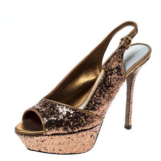 Sergio Rossi Metallic Gold Platform Slingback Peep Toe Sandals