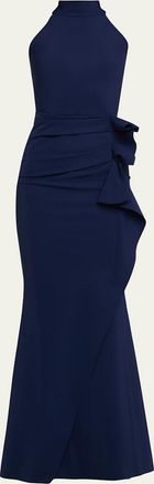 La Petite Robe Di Chiara Boni Side Ruched Halter Gown with Asymmetric Ruffle