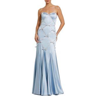 Mac Duggal 3D Bow Satin Strapless Mermaid Gown in Powder Blue Silver at Nordstrom, Size 14