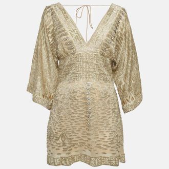 Roberto Cavalli Gold Embellished Silk Mini Dress