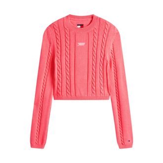 Tommy Jeans Logo Embroidery Cable Knit Slim Jumper - female - Tommy Jeans - Round-neck Knitwear - Red - XS - Knitwear