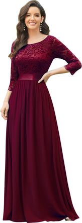 Ever-pretty Womens Round Neck 3/4 Sleeves A Line Empire Waist Lace Elegant Maxi Bridesmaid Dresses Burgundy 30UK