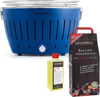 Lotus Grill Barbacoa Azul Con Pilas Y Cable De Alimentaci&oacute;n Usb + 2,5kg De Carb&oacute;n De Haya + Gel Combustible 500ml - Lotus Grill