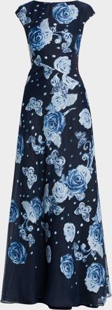 Teri Jon Rose and Butterfly Cap Sleeve Long Gown