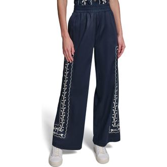 Karl Lagerfeld Embroidered Wide Leg Pants in Midnight Navy at Nordstrom, Size X-Large