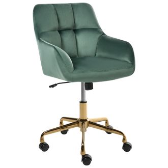 Beliani Silla De Oficina De Terciopelo Poli&eacute;ster Estructura De Metal Dorado Funci&oacute;n Giratoria Ajustable Muebles De Oficina Verde Oscuro Palmdale